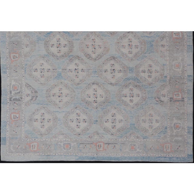 All-Over Tribal Motifs Design Light Blue With Hints of Orange Turkish Oushak Rug For Sale - Image 4 of 12