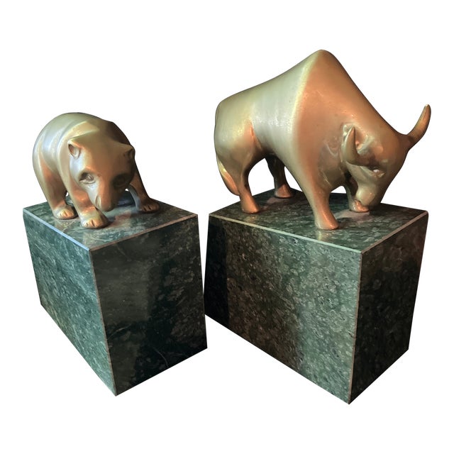 1980’s Bull & Bear Market Brass & Marble Bookends- Set of 2 For Sale