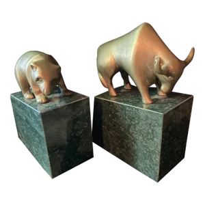 1980’s Bull & Bear Market Brass & Marble Bookends- Set of 2