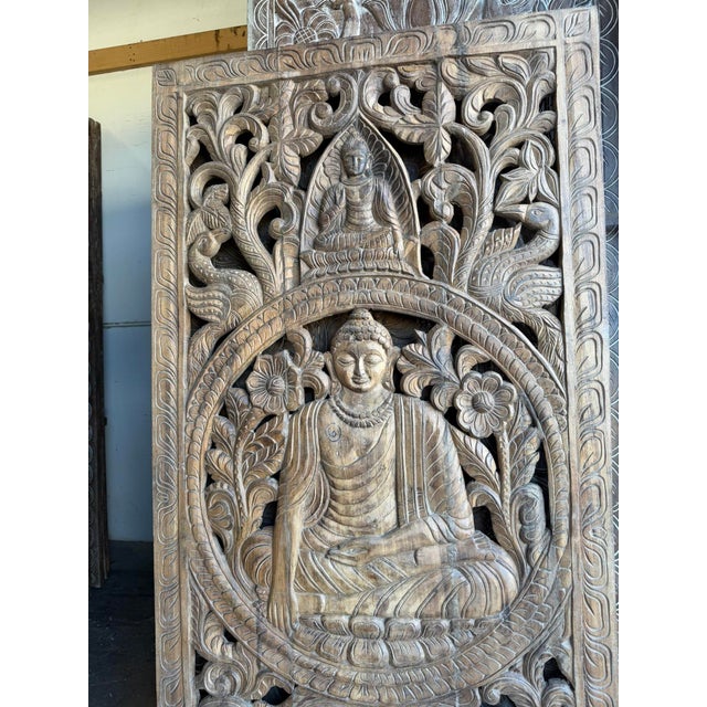 Mid-Century Modern Antique Hand-Carved Solid Wood Buddha Wall Panel | Meditation Spiritual Wall Art 72x35 For Sale - Image 3 of 7