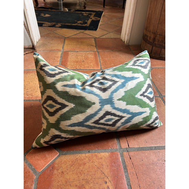 Silk Green and Blue Ikat Pillow For Sale In Washington DC - Image 6 of 7