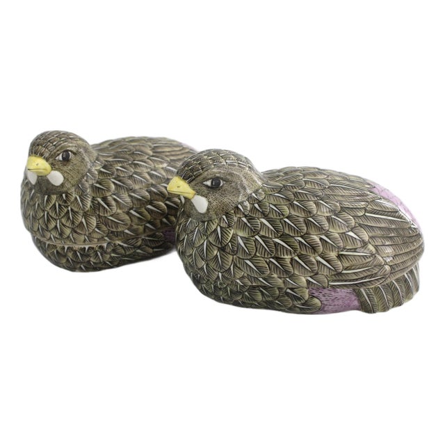 Vintage Neiman Marcus Pair of Chinoiserie Porcelain Quail Boxes, MCM For Sale