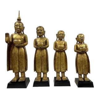 Mid-20th Century Carved Wooden Gilt Standing Thai Buddha Statues, Set of 4 For Sale