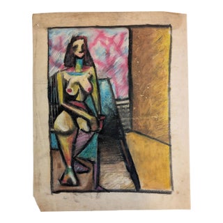Vintage Mid-Century Cubist Expressionist Seated Nude Pastel Drawing on Paper For Sale