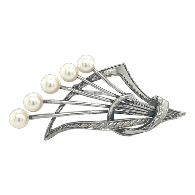 1990s Mikimoto Estate Akoya Pearl Brooch Pin Sterling Silver For Sale