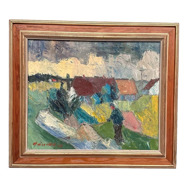 Arnold William Pedersen, Farmhouses, 1960s, Oil on Canvas, Framed For Sale