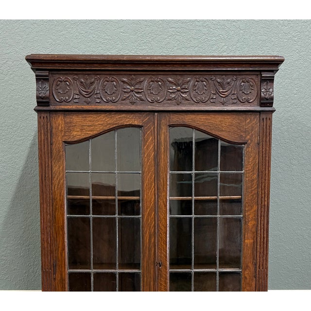 Antique English Jacobean Bookcase Cabinet Double Door Glass Drawers Oak c.1930s For Sale - Image 11 of 18
