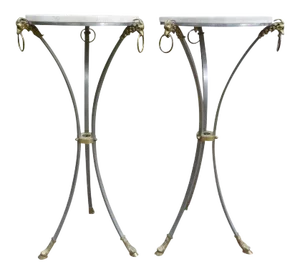 Italian Mid-Century Brushed Steel and Brass Pedestals With Travertine Tops