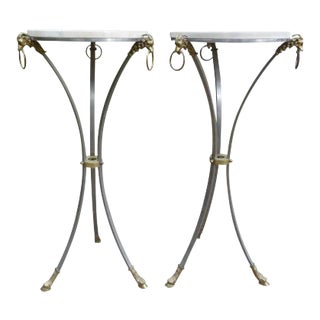 Pair of Italian Mid-Century Brushed Steel and Brass Pedestals With Travertine Tops For Sale