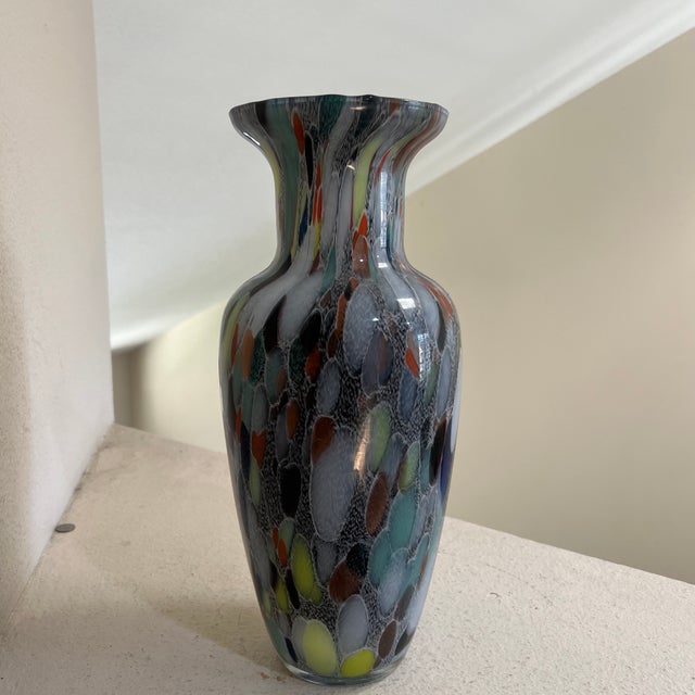Abstract Murano Italy Large Tall 14” Glass Vase Multi-Color Splash Black Marble Pretty! For Sale - Image 3 of 10