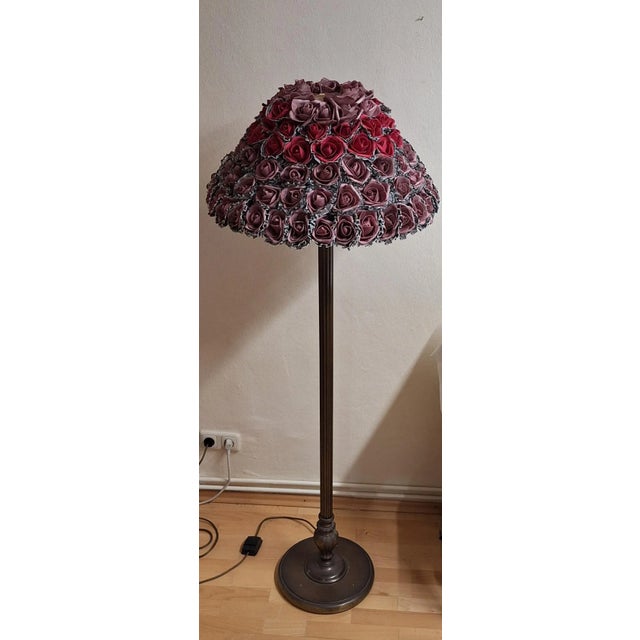 German Art Deco Floor Lamp with Patinated Brass Base and Handmade Flower Shade, 1930s For Sale - Image 4 of 13