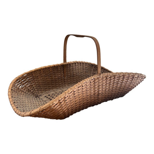Antique Rustic Willow Wicker Garden Gathering Basket With Bentwood Handle For Sale
