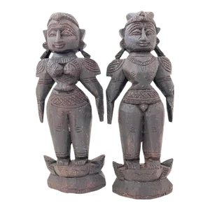 Mid Century South India Wood Dolls Pair Set of Two Indian Hand Carved Vintage Antique