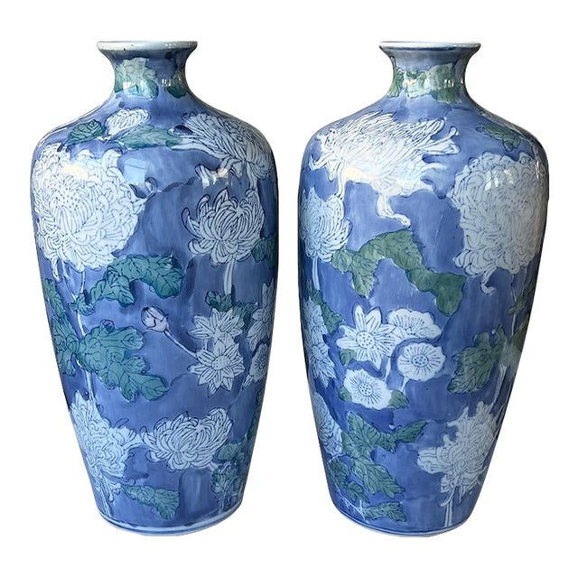 Pair of Large Late 20th Century Blue Chinoiserie Vases With Hand-Painted White and Green Florals For Sale