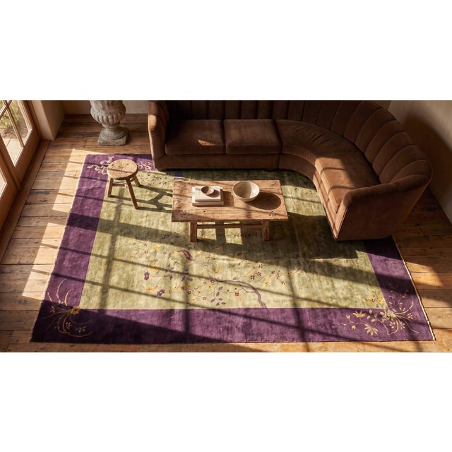 1920s Olive Green Floral Vase Antique Chinese Art Deco Carpet 9' X 12' Knotted Wool Rug For Sale - Image 13 of 14