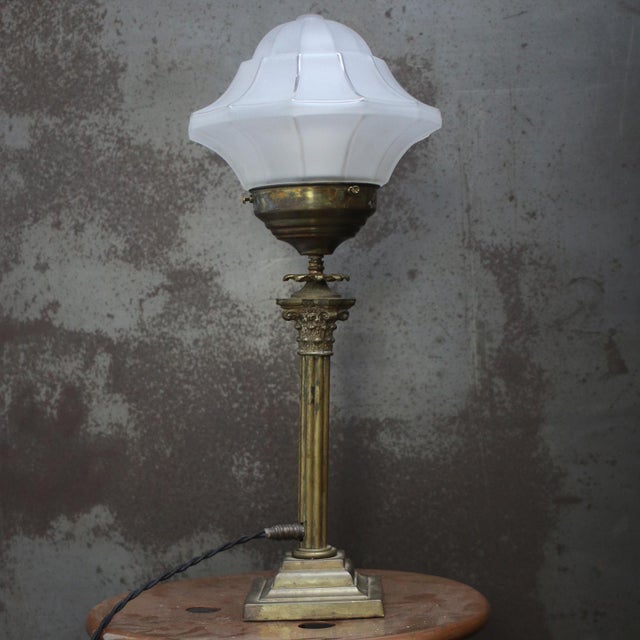 Metal Art Deco Brass and Etched Glass Table Lamp, 1920s For Sale - Image 7 of 11