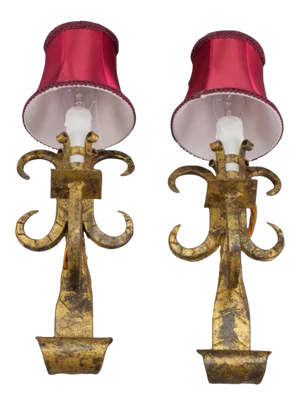 Gothic Revival Gilt Wrought Iron Sconces, Set of 2