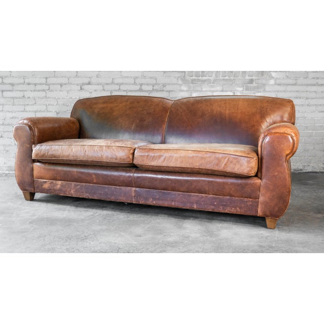 Art Deco Restoration Hardware Art Deco 'Mustache' Leather Sofa For Sale - Image 3 of 17