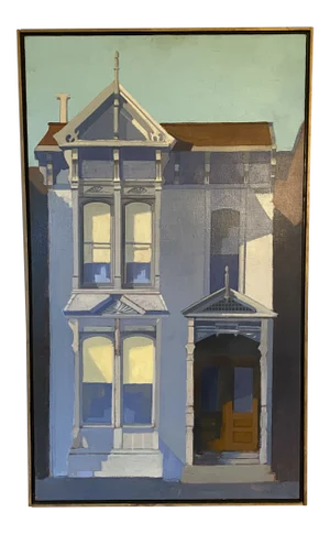 Mid 20th Century Modernist Style Victorian House Portrait Oil Painting, Framed