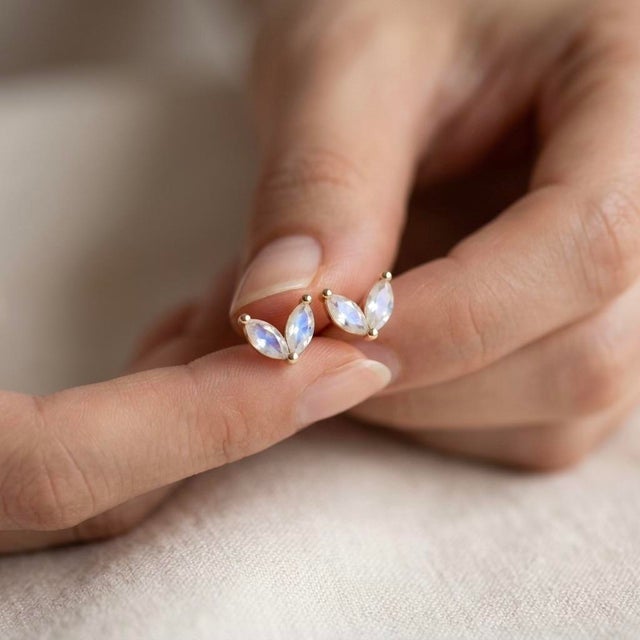 Rainbow Moonstone Marquise Studs | Minimalist Gemstone Studs Arrings | Dainty Everyday June Birthstone Studs - A Pair For Sale - Image 4 of 4