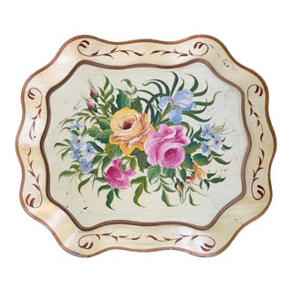Vintage Pilgrim Art Hand-Painted Floral Tole Tray – Ivory & Pink Roses For Sale