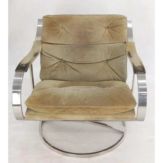 Heavy Gage Polished Stainless Steel Swivel Base Suede Upholstery Lounge Chair For Sale - Image 10 of 13