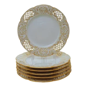Early 19th Century KPM Reticulated Luncheon Plates Gilt White Porcelain Orb Scepter Mark - Set of 6