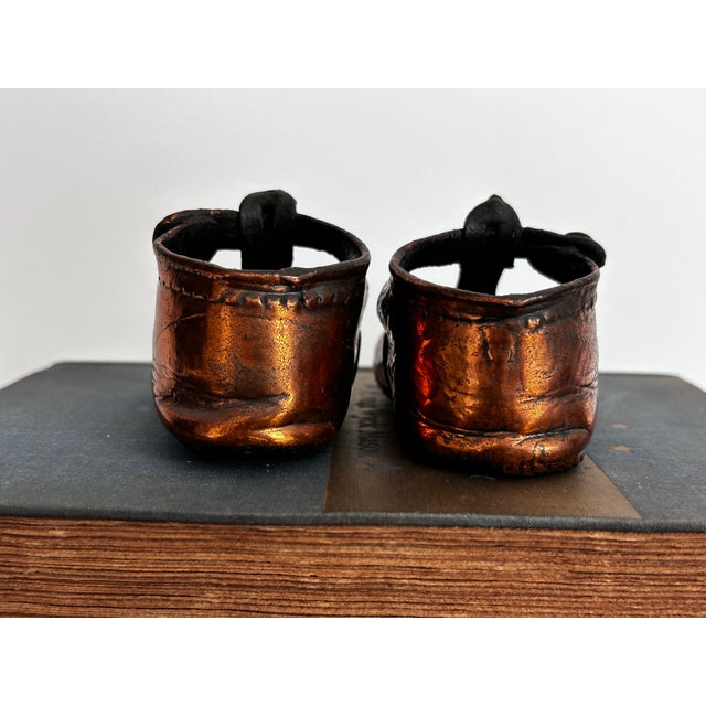 Early 20th Century Vintage Pair Mid Century Modern Copper Plated Baby Shoes Nursery Decor For Sale - Image 5 of 14