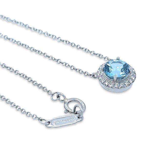 Metal Tiffany & Co. Platinum Soleste Aquamarine & Diamond Necklace 1.00ct 3.88g For Sale - Image 7 of 12