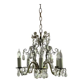 Mid Century French Style "Birdcage" Brass and Crystal Chandlier For Sale