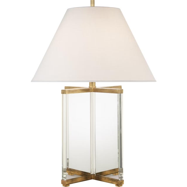 Modern J. Randall Powers by Visual Comfort Signature Cameron Table Lamp in Crystal and Gilded Iron with Linen Shade For Sale - Image 3 of 3