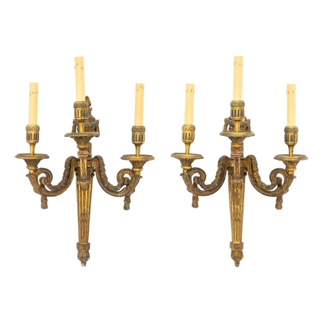Neoclassical 3-Branch Gilt Bronze Sconces, Pair For Sale