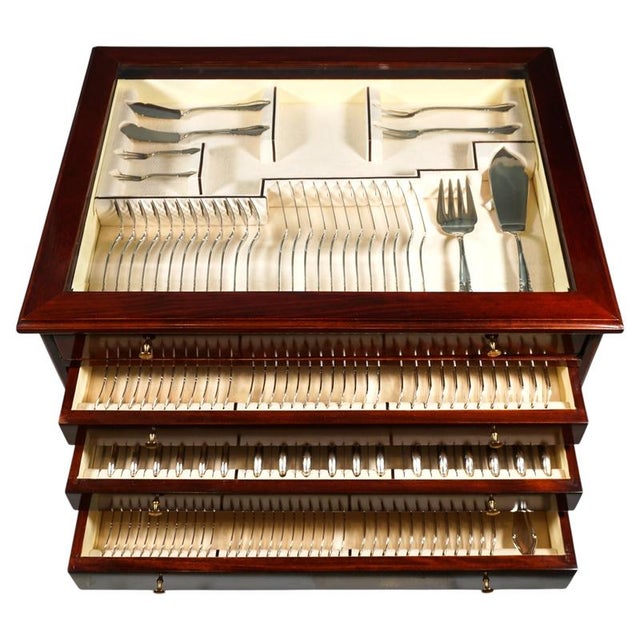 Art Deco Silver Cutlery Set for 12 in Showcase attributed to Bruckmann &Sons Germany, 1920s, Set of 164 For Sale - Image 13 of 13