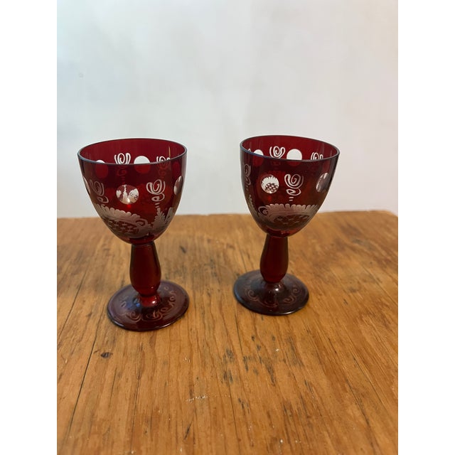 AntiquevEtched Red Cranberry Decanter Set With 2 Glasses For Sale - Image 9 of 10