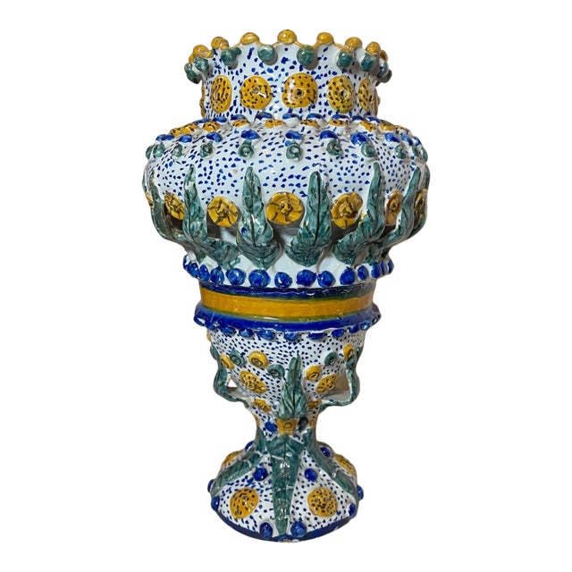 Share Antique 19th Century Spanish Majolica Painted Terracotta Pottery Vase Sculpture For Sale