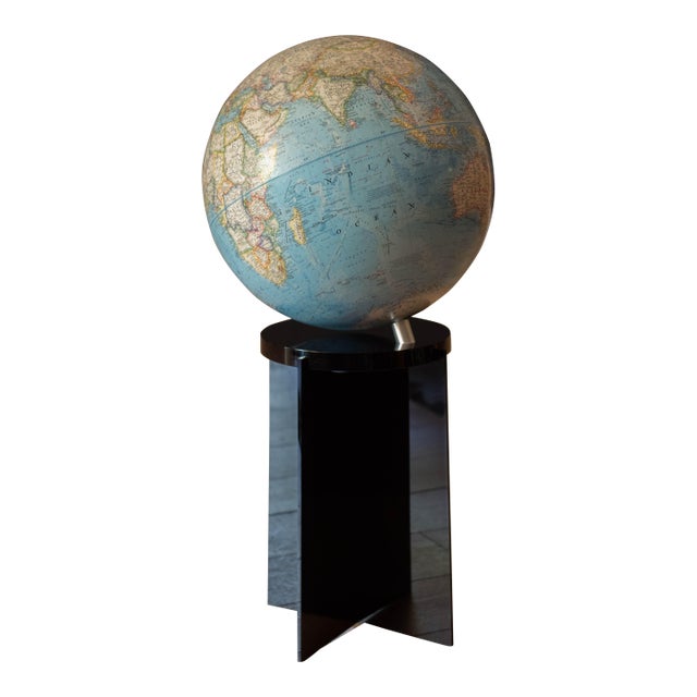 Vintage Rotating National Geographic World Globe With Black Lucite Floor Stand For Sale