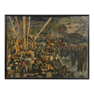 Vintage Modernist Dock/Harbor Cityscape Scene With Workers(Mixed Media on Board)