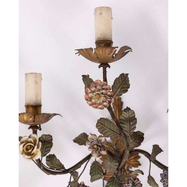 Vintage Italian Floral Wall Lamps in Iron and Porcelain, 1950s, Set of 3 For Sale - Image 12 of 16