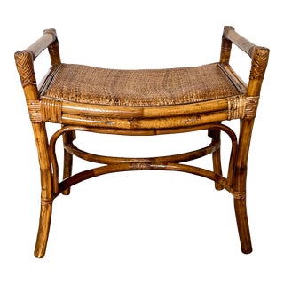 Mid 20th Century Vintage Boho Rattan Bamboo Vanity Stool Bench For Sale