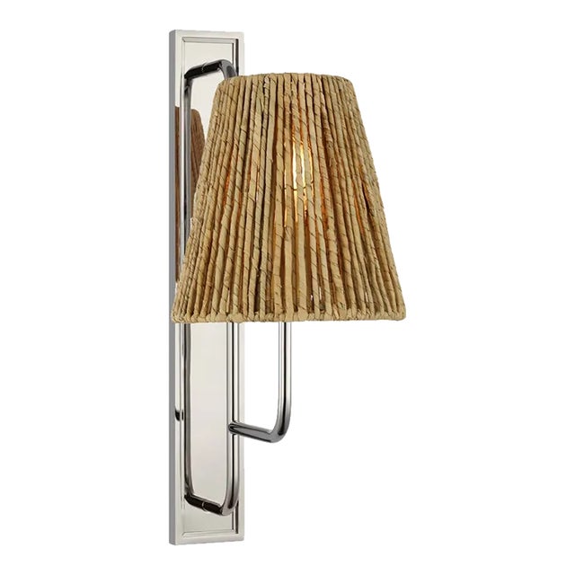 Amber Lewis for Visual Comfort Signature Rui Tall Sconce in Polished Nickel with Natural Abaca Shade For Sale