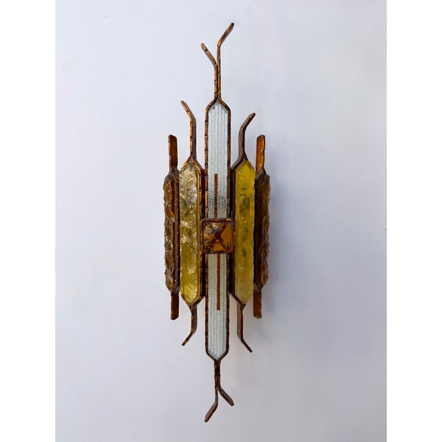 1970s Pair of Hammered Glass Wrought Iron Sconces by Longobard, Italy, 1970s For Sale - Image 5 of 12