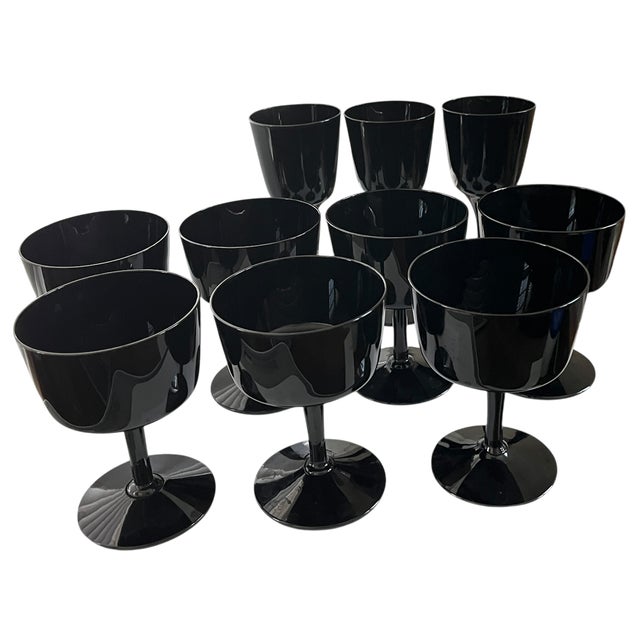 Mid-Century Modern Mid 20th Century Björkshult Sweden Black Glass Stemware – Scandinavian Modern Coupes & Wine Glasses - Set of 10 For Sale - Image 3 of 8
