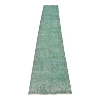 Tabriz Runner 2’5” X 12’5” Blue Wool Vintage Overdyed Hand-Knotted Rug For Sale