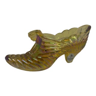 1960s Fenton Iridescent Amber Carnival Glass Cat Head Slipper Shoe Amber Glass Slipper For Sale