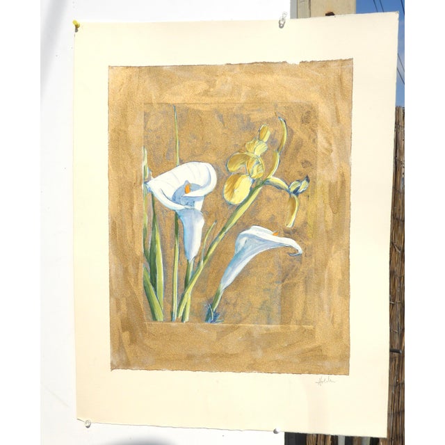 Japonisme "Iris and Calla Lily in Gold" Modern Watercolor by Martha Holden For Sale - Image 3 of 7