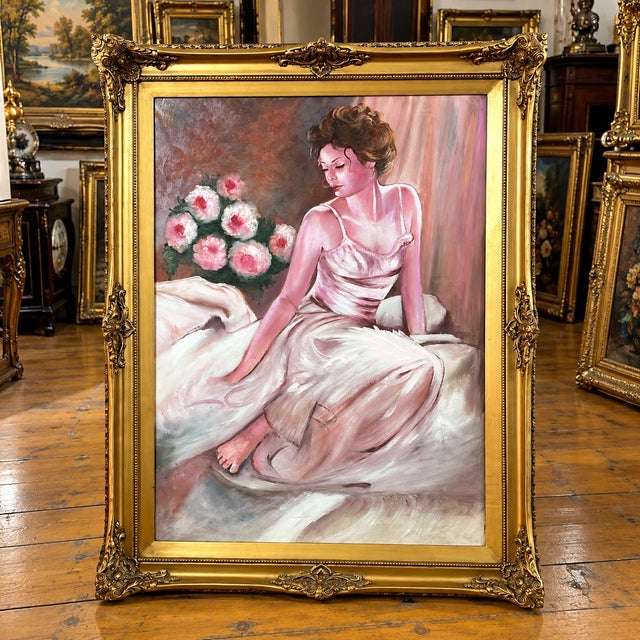 French Romantic Portrait Painting of a Woman in a White Gown – Ornate Gold Leaf Frame For Sale - Image 3 of 3
