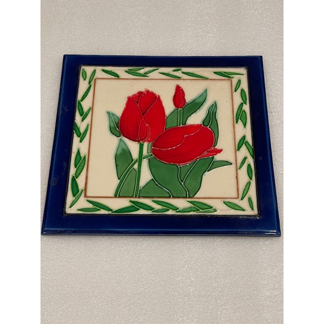 Art Deco Large Majolica Tulip Ceramic Tile For Sale - Image 3 of 7