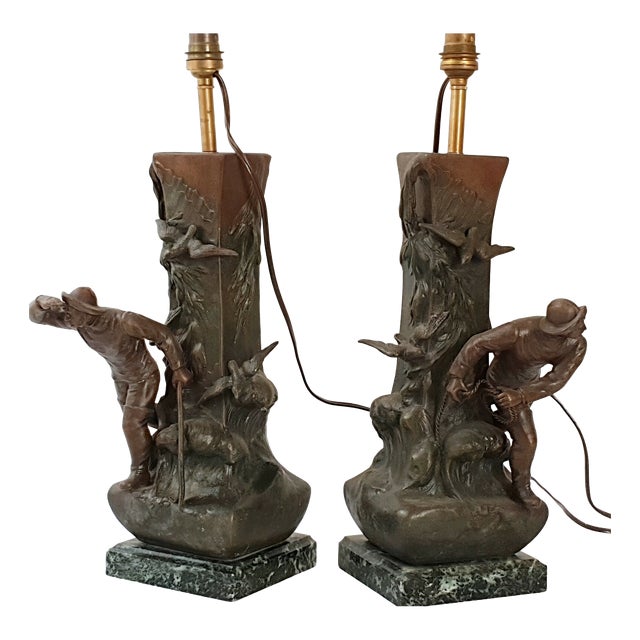 Art Deco Metal and Marble Fisherman's Lamps, 1940s, Set of 2 For Sale