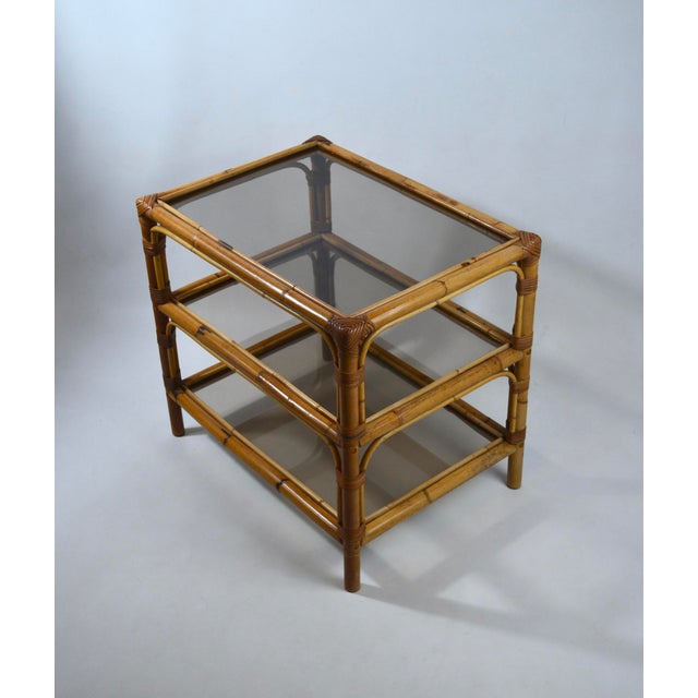 Vintage Bamboo and Smoked Glass Three-Tier Side Table, 1970s For Sale - Image 11 of 11