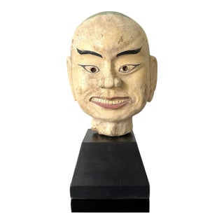 Large Terracotta Head of Luohan on Wood Stand from Vietnam For Sale